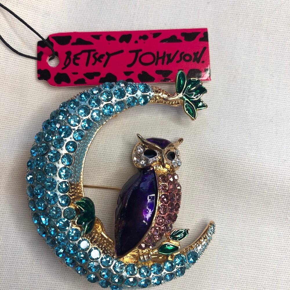 Betsey Johnson Owl in the Moon Brooch Pin Enamel &‎ Rhinestone Embellished Cute